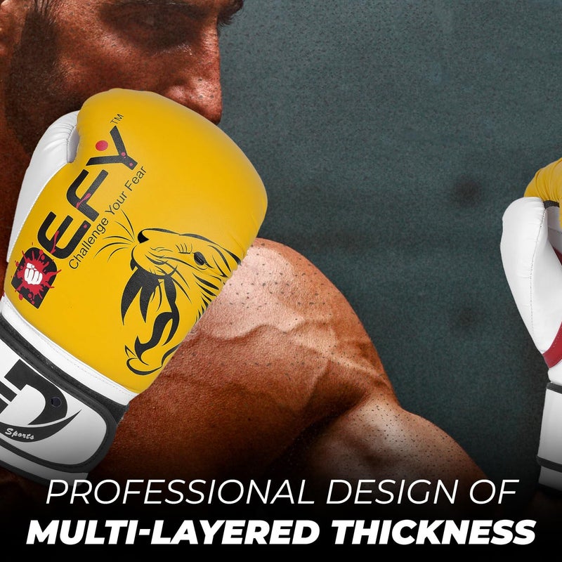 DEFY Challenge Your Fear DEFY Tiger Model Boxing Gloves for Men & Women â€“ PremiumTraining Gloves for MMA, Muay Thai, Kickboxing & Sparring with Max-Shock Foam Padding & Secure Fit (Yellow, 14 oz) - Image 4